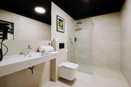 a bathroom with a toilet and a sink and a shower at Hotel Cztery Pory Roku in Głogów Małopolski