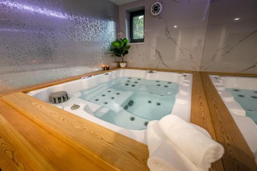 a bathroom with a jacuzzi tub with two towels at Apartment Cocosinella in Surčin