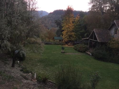 a yard with green grass and a house at Cabañas Rahue in Vilches
