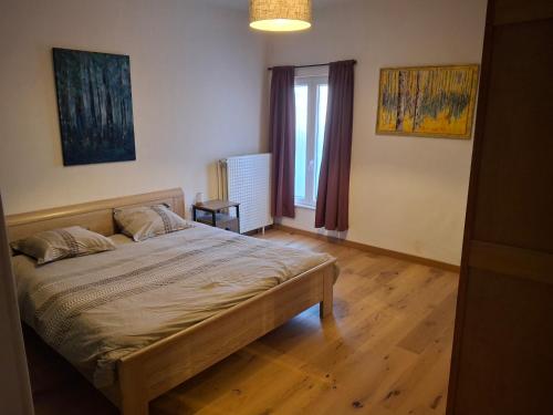 a bedroom with a large bed and a window at Relax Sax Appartment in Dinant