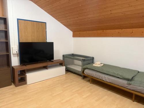 a living room with a flat screen tv and a bed at Ferienwohnung Happy Life Thun in Steffisburg