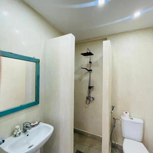 a bathroom with a sink and a mirror and a toilet at APPARTEMENT surf camp pour les familles in Oualidia
