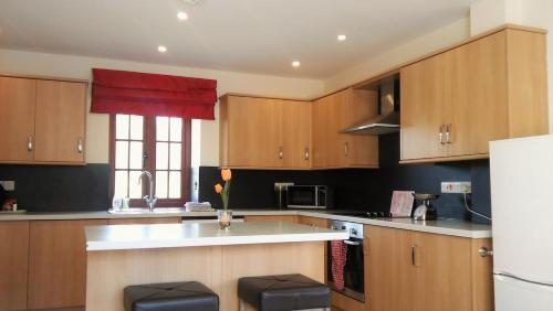 a kitchen with wooden cabinets and a white counter top at Hobby Stable Cottage in Cynghordy