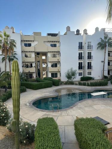 a large building with a swimming pool and a cactus at 3 beds 2 bath apartment minutes walk from the beach in Cabo San Lucas