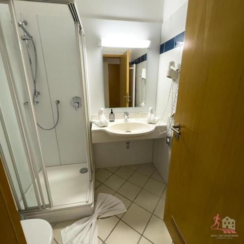a bathroom with a sink and a shower and a toilet at Hotel zum Sportforum in Blankenburg