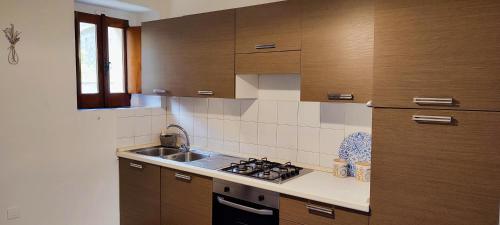 a kitchen with a sink and a stove top oven at Tana di Zia Nature, Yourself, Love in Viggianello
