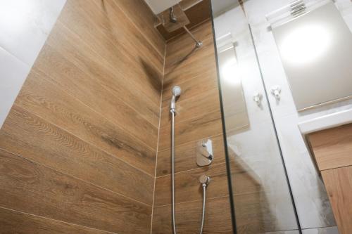 a shower in a bathroom with a wooden wall at Residence Ali - garage included in Bjelašnica