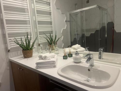 a bathroom with a sink with towels and a mirror at Apartament Niebieski Centrum Sarbinowo in Sarbinowo