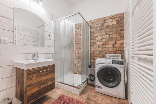 a bathroom with a washing machine and a sink at Stylový byt v srdci Hradce Králové in Hradec Králové