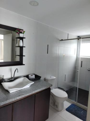 a bathroom with a toilet and a sink and a shower at Atardeceres del Laguito in Cartagena de Indias