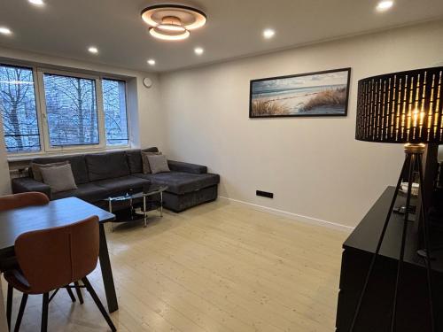 パルヌにあるTammsaare Luxury Apartmentのソファとテーブルのあるリビングルーム