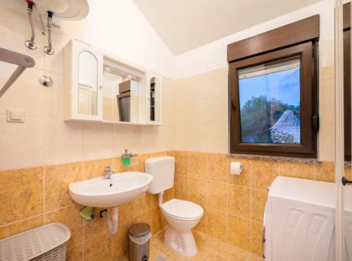 een badkamer met toilet, wastafel en raam bij Villa Mima Pool Retreat in Opanci