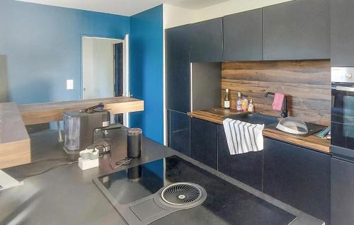 cocina con paredes azules y encimera en Maison Campagne Normandie, en Ry