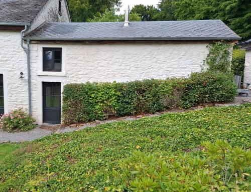 a white house with a green hedge at La Chambre de la Gotale in Manhay