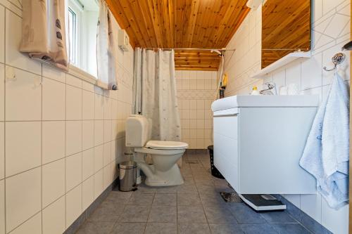 a bathroom with a toilet and a sink at Heimly, cosy house in a fjord in Bjørnsand