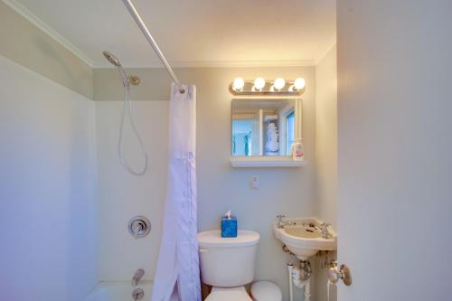 a bathroom with a shower and a toilet and a sink at Lake-View Spofford Apartment w/ Shared Dock! in Spofford