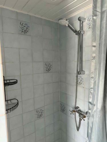 Un baño con ducha con cortina de ducha. en Kvisthuset 1 Sal, en Tylstrup