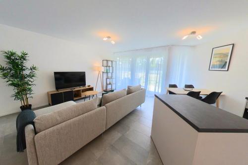 a living room with a couch and a tv at Luminous 2-Bed Apartment with Spacious Terrace RSC70-GF in Nyon