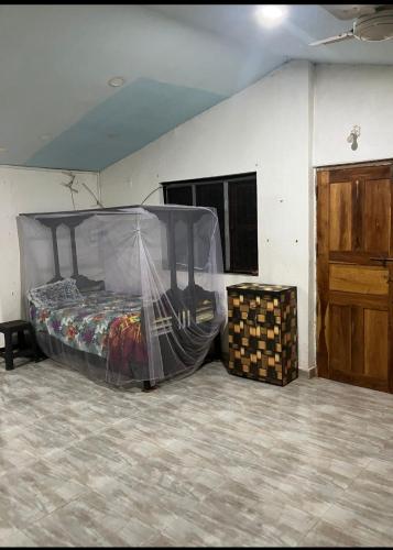 a bedroom with a bed with a mosquito net at Tembewadda house in Canacona
