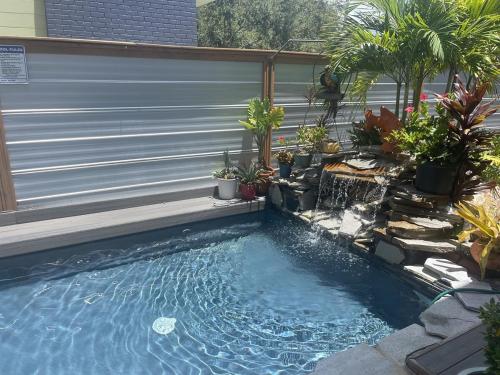 a small swimming pool in a backyard with plants at Pool and Close to dtwn w2 Bikes in St Petersburg
