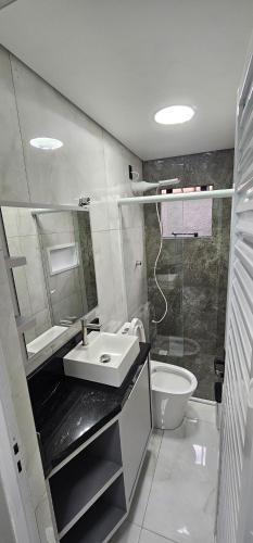 a bathroom with a sink and a toilet and a shower at RG Kitnet01 in Curitiba