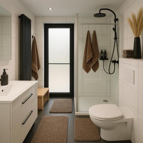 a bathroom with a shower and a toilet and a sink at Premium-Strand Chalet an der Nordsee - Noordzee - Zeeland in Breskens