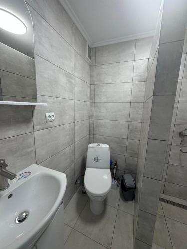 a bathroom with a white toilet and a sink at YarNika in Berehove
