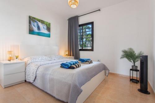 una camera da letto con un letto con cuscini blu di Coral Bliss a Corralejo