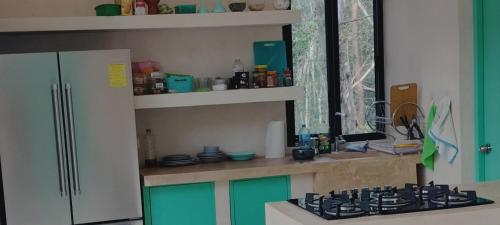 - une cuisine avec des placards verts et des plaques de cuisson dans l'établissement Casabel Tulum jungle experience, à Cobá