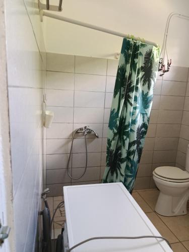 a bathroom with a toilet and a shower curtain at Orchidé in Sainte-Anne