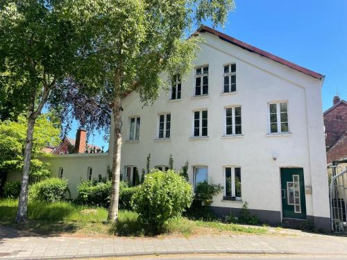 里尔Ferienwohnung StadtNest, 15210的一栋白色的房子，前面有树