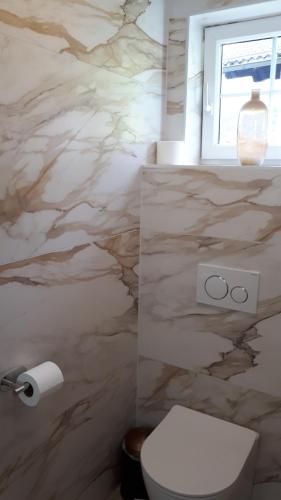 圣沃尔夫冈Schafberg Apartment的一间带卫生间和大理石墙的浴室
