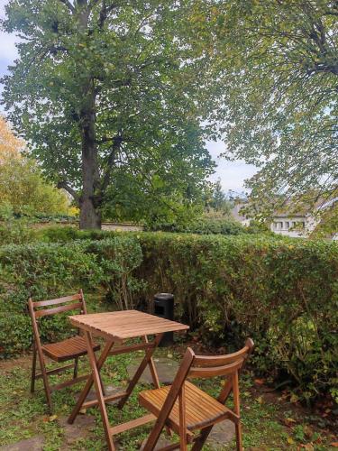 a wooden table and two chairs next to a tree at Charmant studio meublé avec jardinet - 25 m2 - Orsay - Le Guichet in Orsay