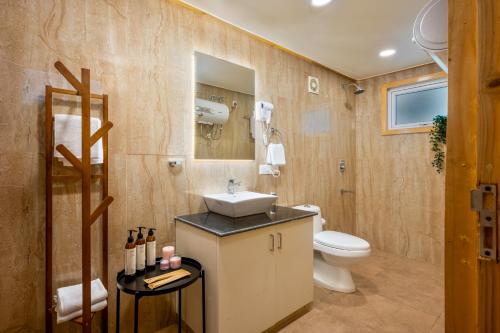 a bathroom with a sink and a toilet at Lolo's by Raho - Loft Stay in Coorg in Ammatti