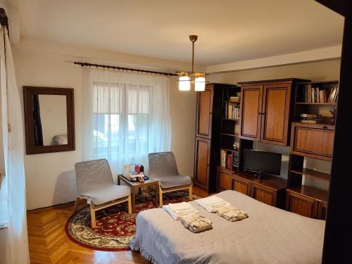 a bedroom with a bed and two chairs and a television at Casa Paul in Craiova