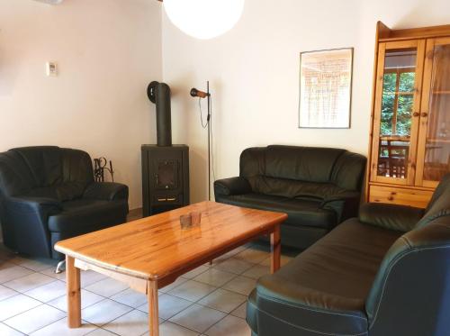 Ein Wohnzimmer mit Sofas, einem Tisch und einem Holzofen in der Unterkunft Natur Ferienpark 29 - Typ C in Nieheim