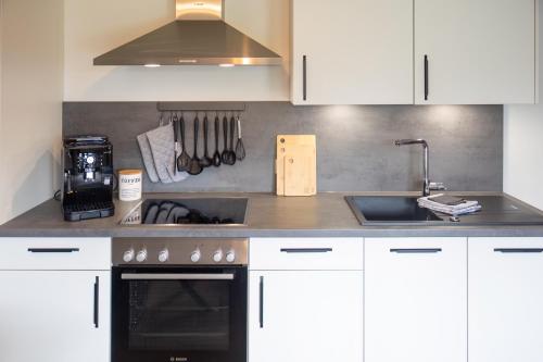 a kitchen with white cabinets and a stove top oven at Heimbi-Home No 4, 4 People, EuropaPark, E-Ladesäule in Kappel-Grafenhausen