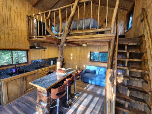 una sala de estar con una escalera en una cabaña de madera en Casa de árbol Quillón, en Quillón