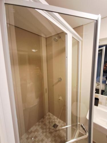 a glass shower in a bathroom next to a sink at Naledi Holiday Apartment in Durban