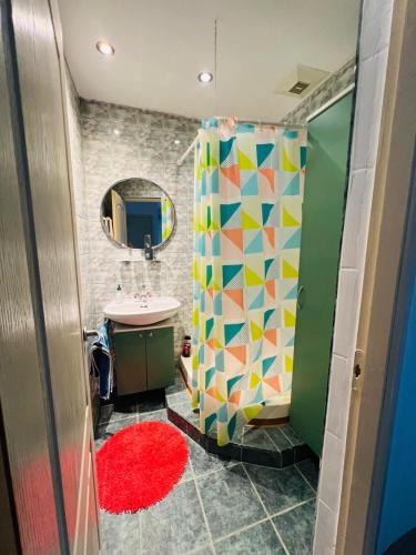 a bathroom with a shower and a sink and a mirror at Levi Home 130 in Timişoara