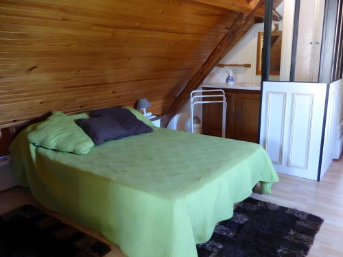 een slaapkamer met een groen bed en een houten plafond bij Gite Chez Balum - 1 proche Lourdes in Lézignan