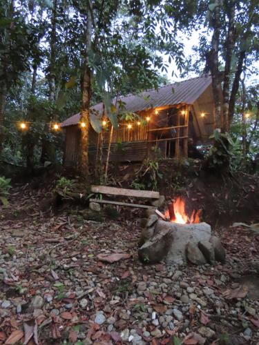 a log fire in front of a log cabin at Manacus 