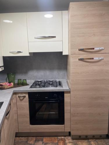 cocina con fogones y armarios blancos en Ca' Dei Sassi, en Sequsino