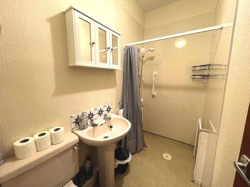 a bathroom with a sink and a shower at Pass the Keys Cosy Romantic Getaway with Hot Tub in Whithorn