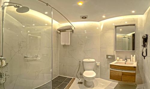 Invidia Coral Beach Tiran في شرم الشيخ: حمام مع دش ومرحاض ومغسلة