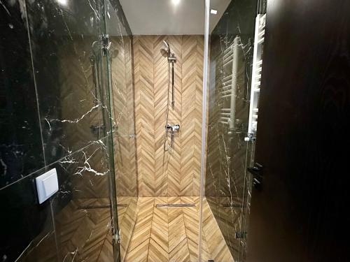 a bathroom with a shower with a glass door at Gammarth Touristique piscine commune bord de mer in Chotrana