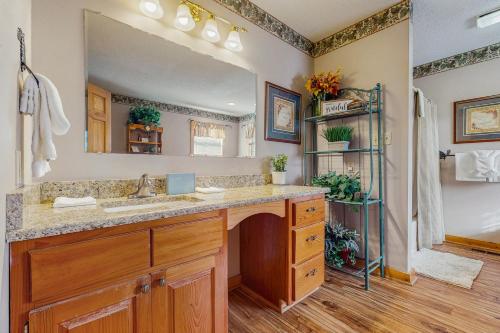 een badkamer met een wastafel en een grote spiegel bij Fox Hollow in Little Cove
