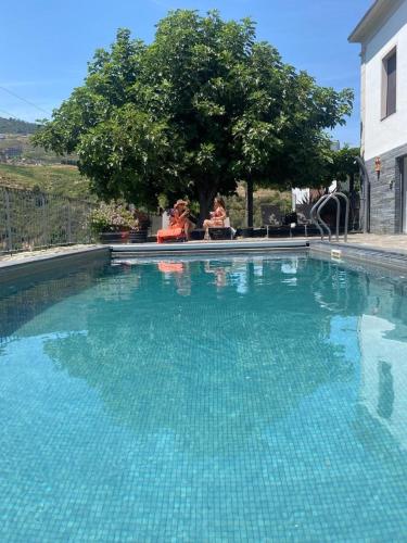 ein großer Swimmingpool mit zwei Personen, die neben einem Baum sitzen in der Unterkunft Quinta do Tedo in Folgosa