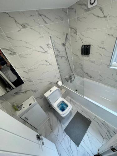 a bathroom with a toilet and a sink and a tub at Central London room w kitchen in London