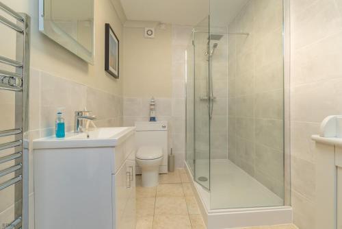 a bathroom with a shower and a toilet and a sink at Ty-Ffynnon in Penmaen-mawr